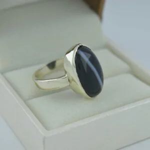 Natural Certified Black Agate (Sulemani Hakik) oval gemstone ring
