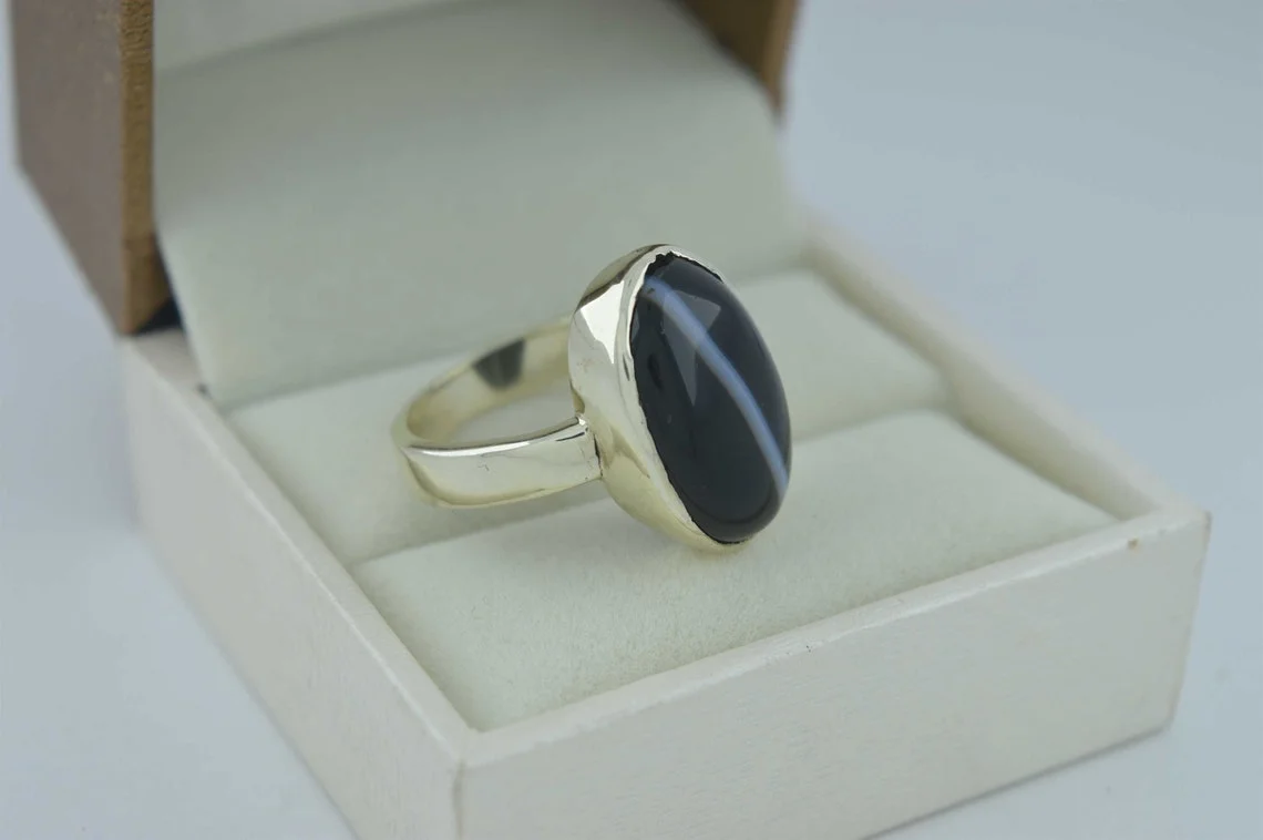 Natural Certified Black Agate (Sulemani Hakik) oval gemstone ring