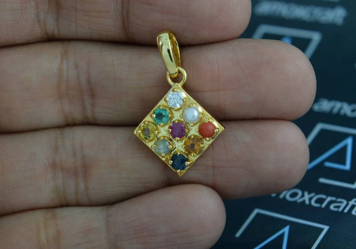 Navaratna Mandala Pendant, AAA grade Natural Unheated Gems with Moissanite