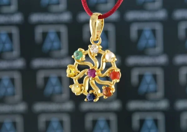 Natural 9 Gems (Navratna) Gemstone Sun Chakra Silver Pendant - Image 2