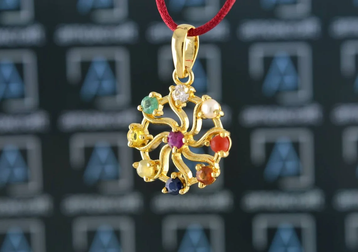 Natural 9 Gems (Navratna) Gemstone Sun Chakra Silver Pendant - Image 2