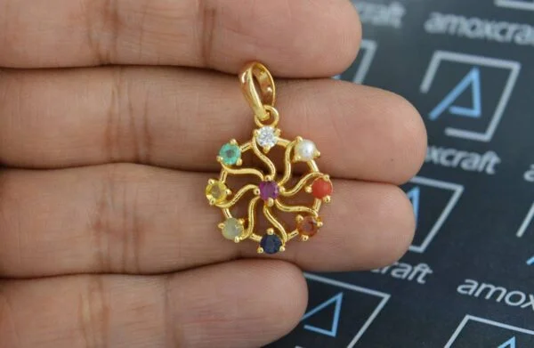 Natural 9 Gems (Navratna) Gemstone Sun Chakra Silver Pendant - Image 3