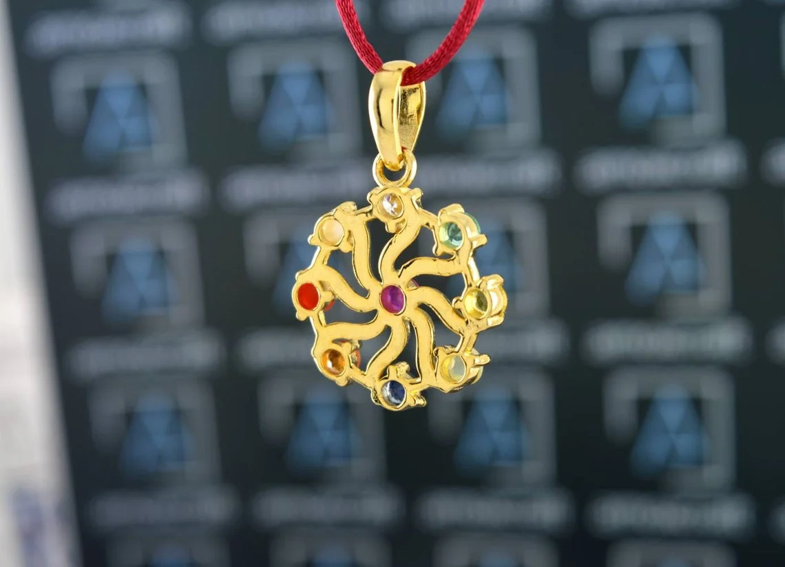 Natural 9 Gems (Navratna) Gemstone Sun Chakra Silver Pendant - Image 5