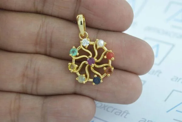 Natural 9 Gems (Navratna) Gemstone Sun Chakra Silver Pendant