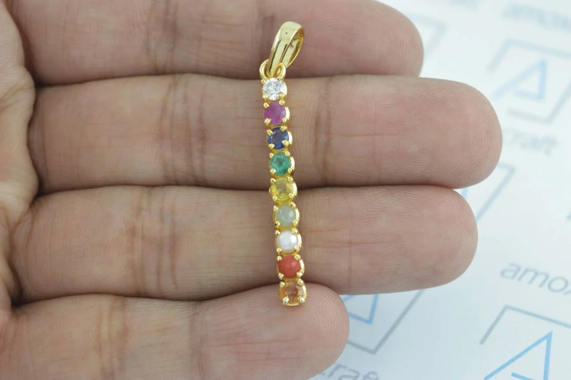 Natural 9 Gems (Navratna) Gemstone Bar Style Silver Pendant - Image 3
