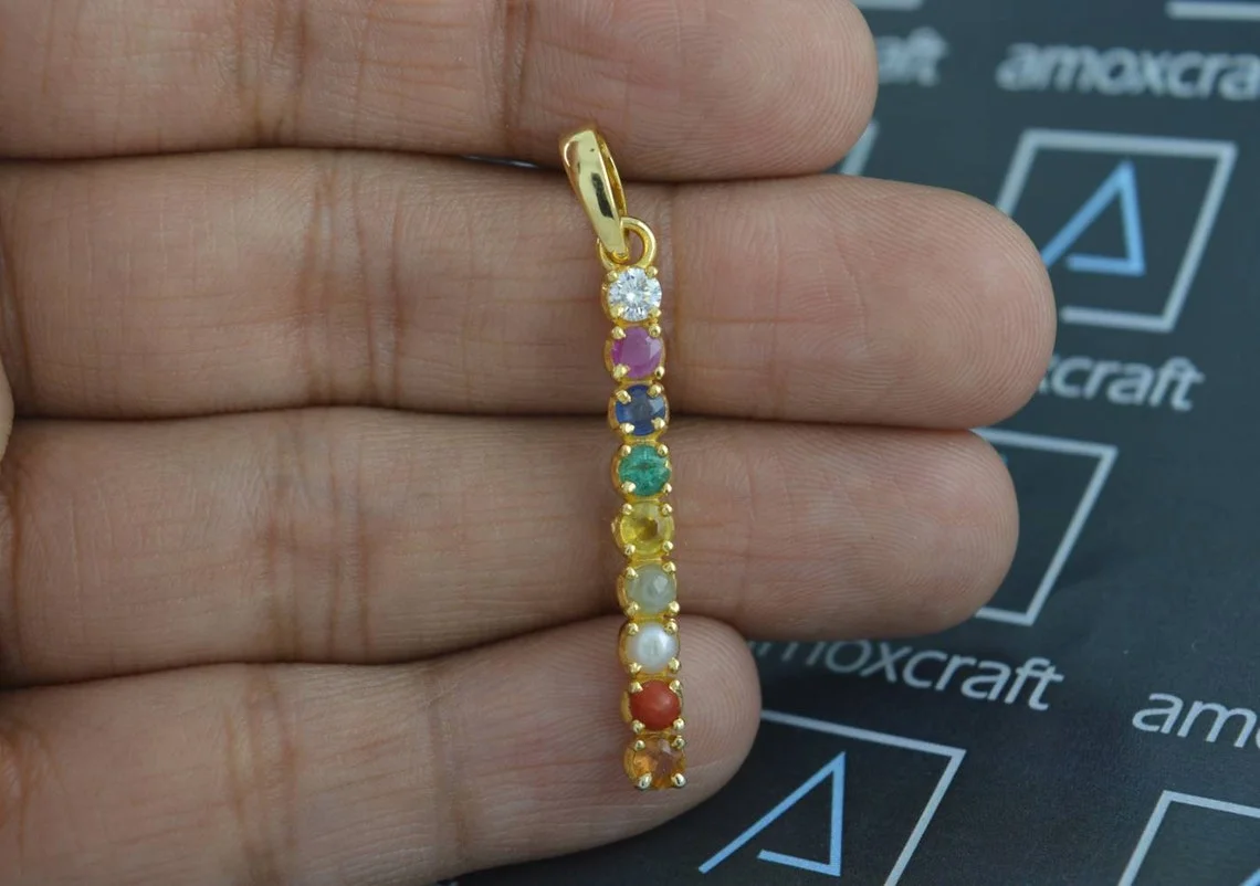 Natural 9 Gems (Navratna) Gemstone Bar Style Silver Pendant