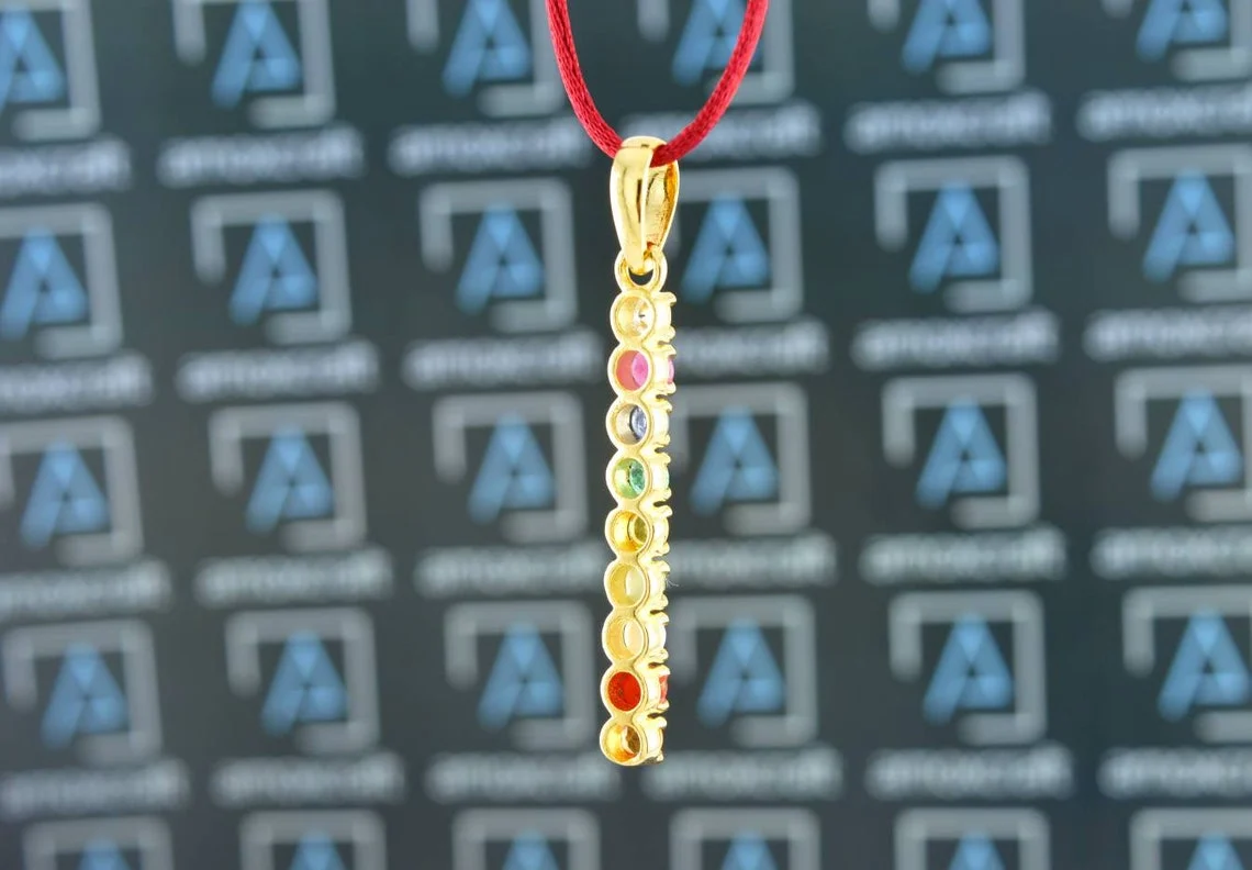 Natural 9 Gems (Navratna) Gemstone Bar Style Silver Pendant - Image 5