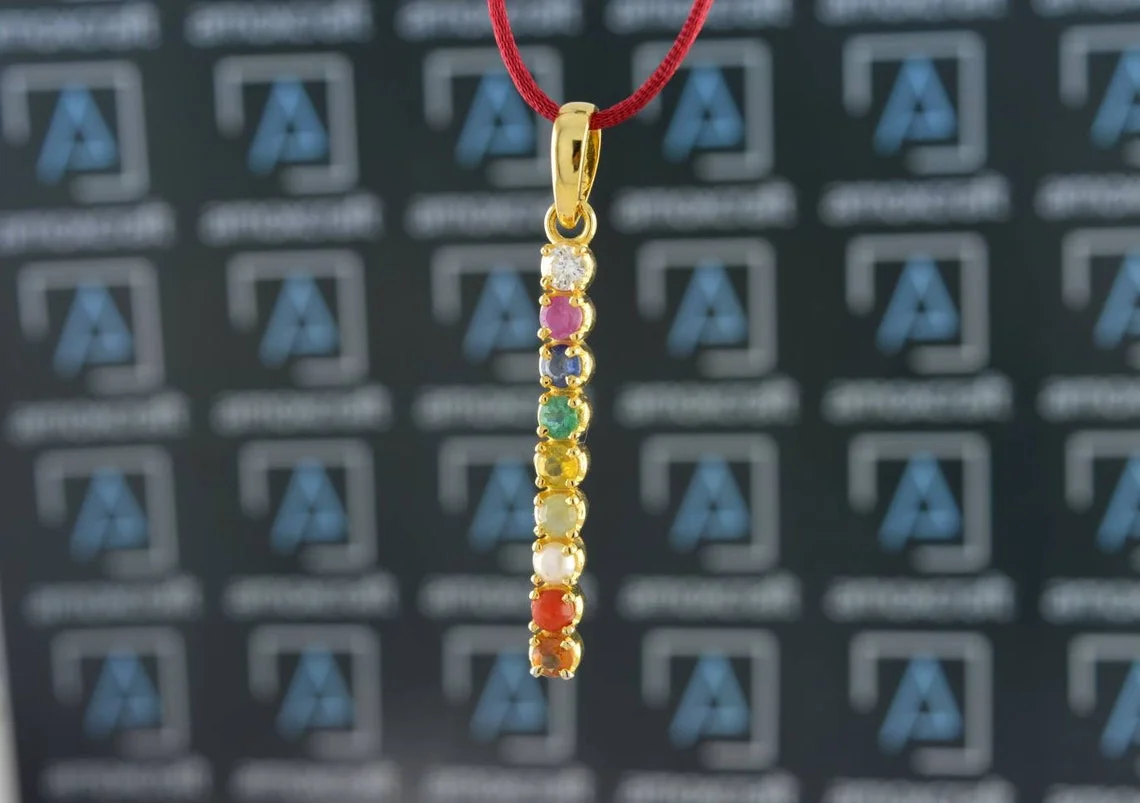 Natural 9 Gems (Navratna) Gemstone Bar Style Silver Pendant - Image 6