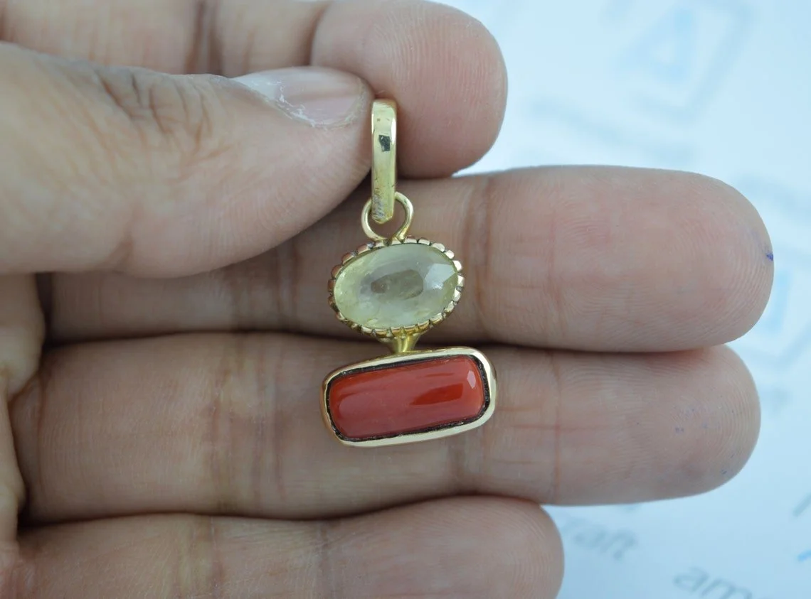 Certified Natural Yellow Sapphire and Red Coral pendantl for astrological purpose - Image 2