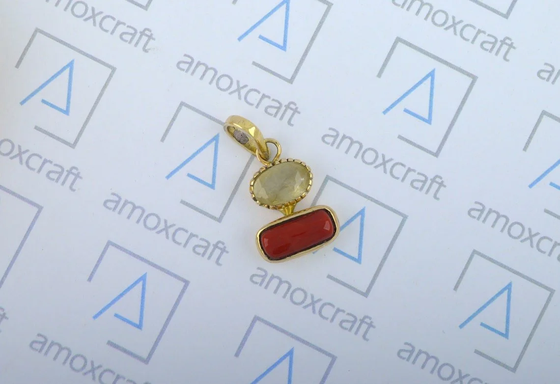 Certified Natural Yellow Sapphire and Red Coral pendantl for astrological purpose - Image 3