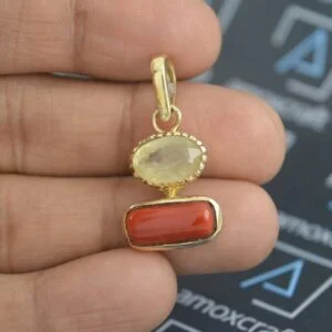Certified Natural Yellow Sapphire and Red Coral pendantl for astrological purpose