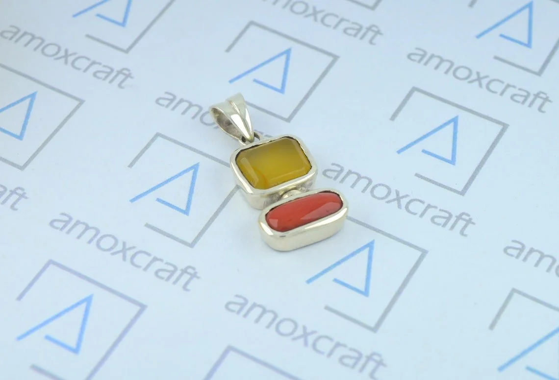 Certified Natural Yellow Agate and Red Coral pendant - Image 2