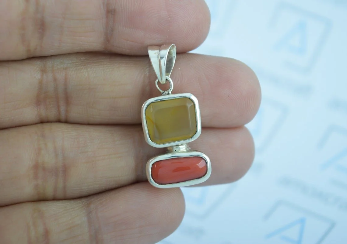 Certified Natural Yellow Agate and Red Coral pendant - Image 3