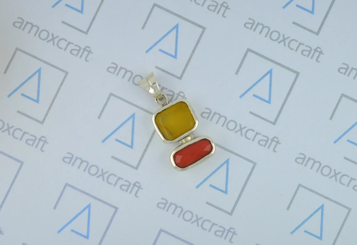 Certified Natural Yellow Agate and Red Coral pendant