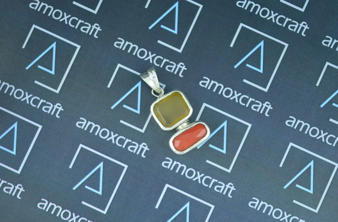 Certified Natural Yellow Agate and Red Coral pendant - Image 6