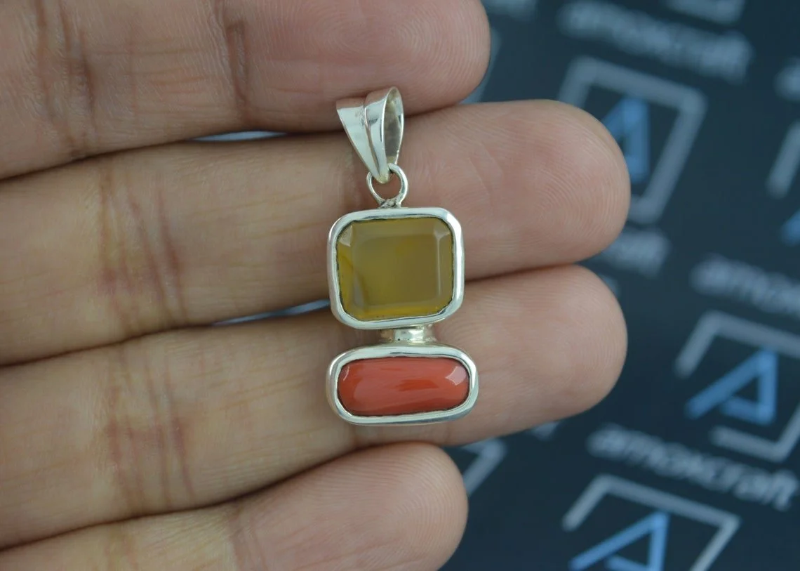 Certified Natural Yellow Agate and Red Coral pendant - Image 7